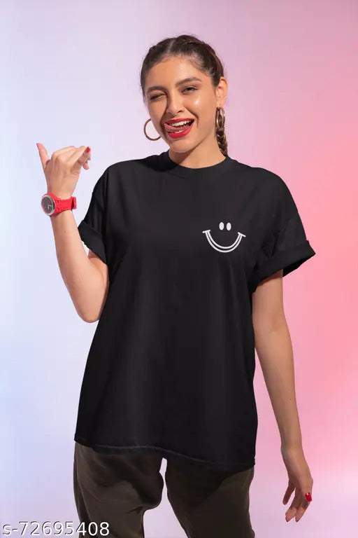 Black oversized t-shirt for women with smiley face design on front