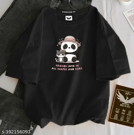 Women's oversized tshirt with cute panda design, black