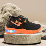 Orange and black kids' LED sneakers with Velcro closures, lightweight and perfect for outdoor sports