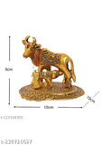 Bronze Kamdhenu cow statue with calf, gold metal showpiece for home decor & gifting - 11 cm (Indian art)
