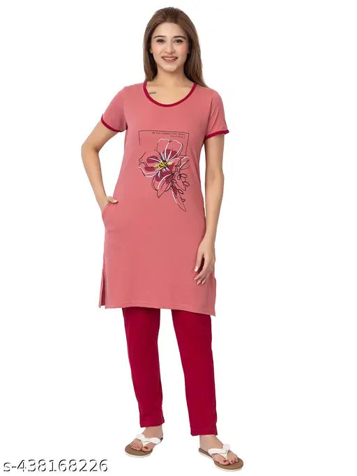 GEE 5 Summer Wear Cotton Blend Nightsuit Set, two-piece women's sleepwear with round neck T-shirt and pyjamas featuring printed net pattern, short sleeves, pocket, and elastic waistband, ideal for Indian weather, country of origin: India