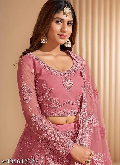 Embroidered, trendy chain work lehenga set in free size net fabric - Indian ethnic motif and embroidered designs