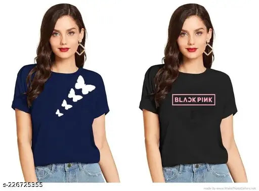 Stylish Butterfly & BLACKPINK printed cotton t-shirt combo for women & girls (pack of 2), ideal for everyday wear or summer outfits