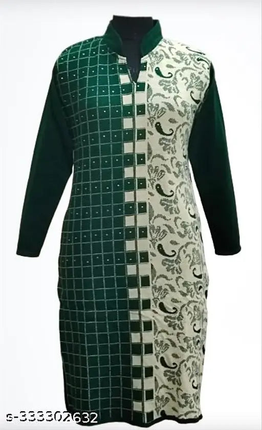 Green and black patterned wool kurti with free size, single side pocket