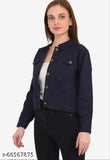 Denim full-sleeve solid cotton jacket, trendy women's/girl's/ladies jacket from India, long sleeve length in solid style