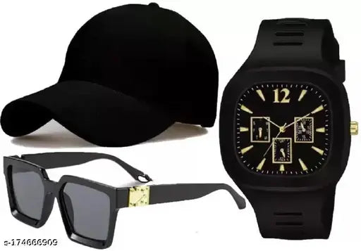 Black cotton baseball cap, polarized Badshah sunglasses, analog watch combo pack (3pcs) for men and boys - attractive black with adjustable fit and silicone strap