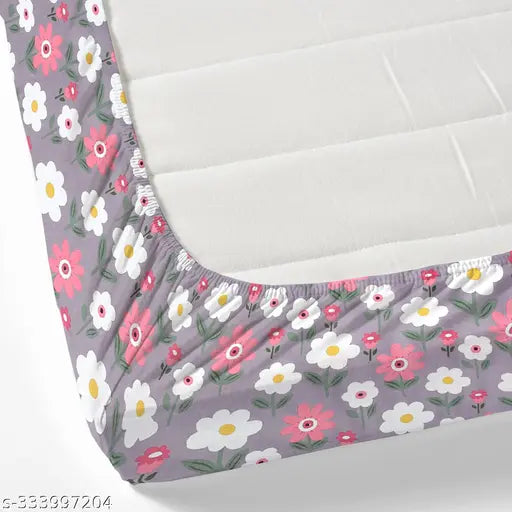 White glace cotton floral fitted double bedsheet (72x78 inches, 6-inch mattress), with 2 pillow covers. Ideal for summer. Made in India