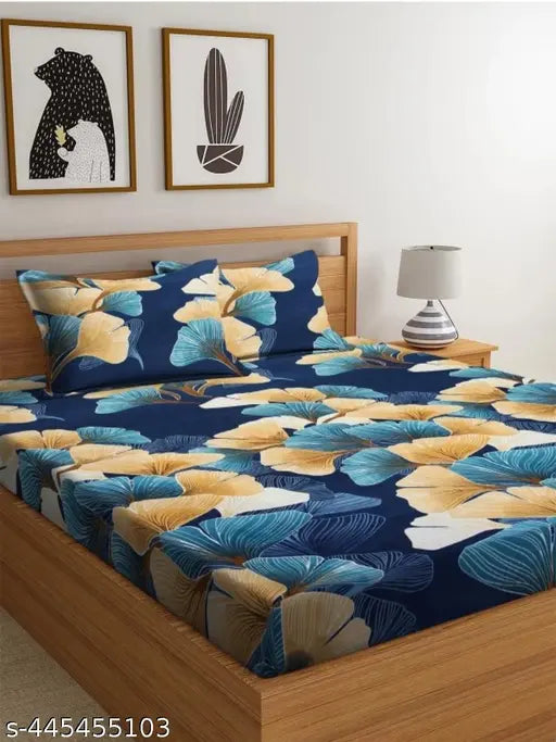 Cotton botanical print, superfine elastic double bedsheet set with 2 pillow covers - ideal for summer, made by Gravia Homes