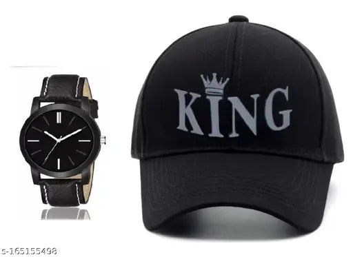 Adjustable black cotton baseball cap with analog watch combo, self-design pattern, perfect for men and boys