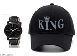 Adjustable black cotton baseball cap with analog watch combo, self-design pattern, perfect for men and boys
