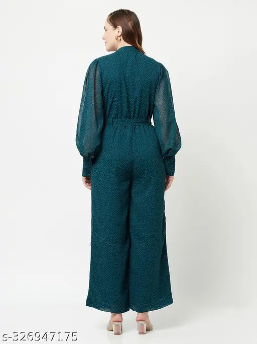 Green Georgette Printed Jumpsuit with Long Sleeves, trending casual fashion for women