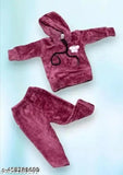 Dark purple kids hoodie set with teddy print, soft fur material for cozy comfort and play