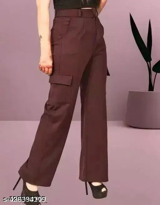 Brown cotton blend cargo trousers, four pockets, high rise, flap details, casual and formal wear