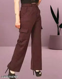 Brown cotton blend cargo trousers, four pockets, high rise, flap details, casual and formal wear