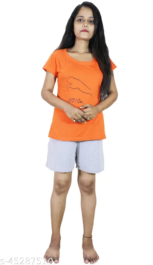 Orange cotton nightsuit set, printed net design for women (S-XXXL sizes available)