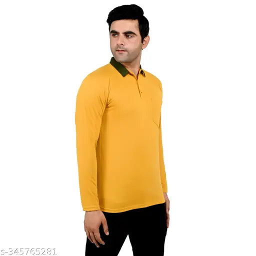 Gray multi-colored cotton blend men's full sleeve T-shirt with contrast collar & pocket (M2XL), Indian made