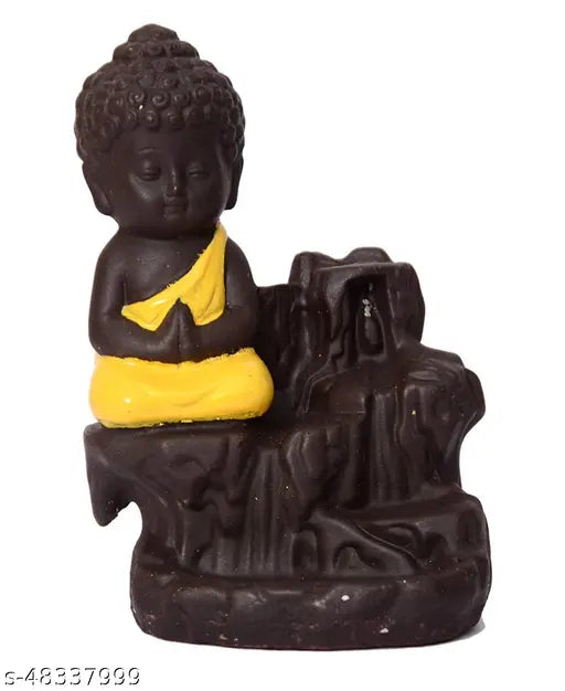 A meditating Buddha decorative item, likely a figurine, presented in a package on an incense-scented background, possibly made of wood or ceramic, with accompanying incense for home and office use
