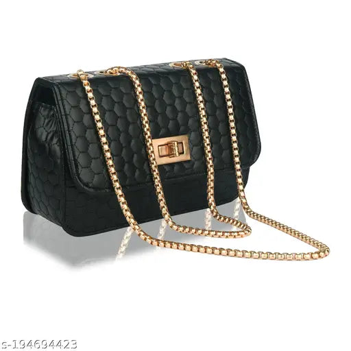 Black leather side sling box bag with chain strap for women and girls