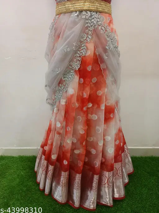 Red organza Lehenga Choli set with silver net Dupatta, unstitched, embellished in South Indian style, soft silk topwear and net dupatta