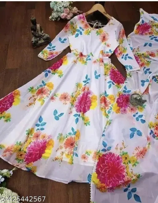 Flower print georgette long kurti with dupatta (no bottomwear), stylish, trendy women's festive wear gown for casual occasions, Indian-made in size S, M, L, XL, XXL