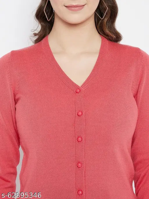 Woolen pink V-neck full sleeve cardigan, warm & soft, ideal for chilly weather