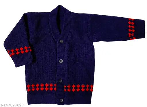 Woolen unisex baby sweater, long sleeves with embroidered net pattern. Soft, warm, and cozy for babies 0-3 months, 6-9 months, handcrafted in India