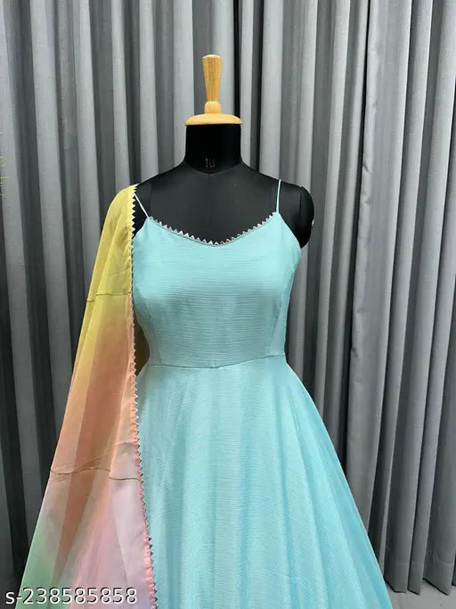 Aqua blue chiffon gown with dupatta in organza silk, sleeveless and adorned with fancy lace, Indian bridal wear