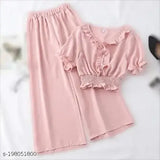 Trendy retro crepe women's top & bottom set, short-sleeved vintage fashion outfit (N - S & M), India origin