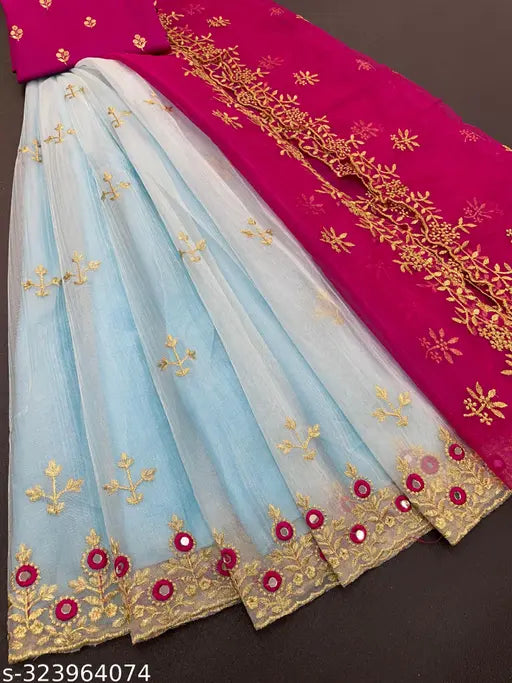 Embroidered mirror work fancy lehenga choli set in heavy dupion silk and net, featuring intricate multi-thread embroidery and real mirror work. Indian handcrafted traditional bridal wear with semi stitch and cut work broder, free size (Lehenga waist: 44in, Lehenga length: 43in, Dupatta length: 2.5m)