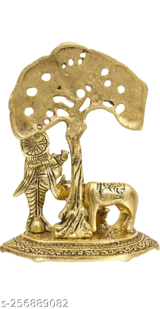 Metal Krishna with Cow Standing Under Tree Playing Flute, Antique Finish Decorative Showpiece - 17cm (Gold)