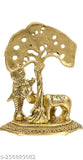 Metal Krishna with Cow Standing Under Tree Playing Flute, Antique Finish Decorative Showpiece - 17cm (Gold)