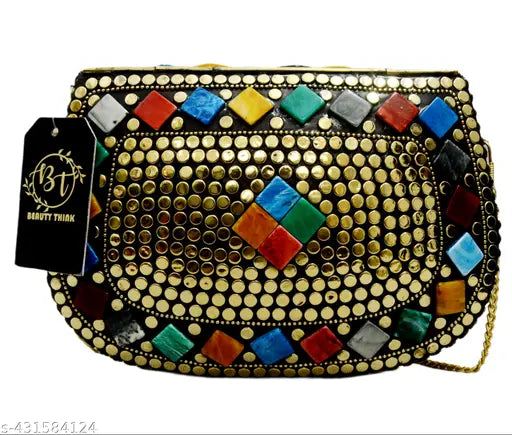 Golden metallic womens clutch, vibrant mosaic design, 2 card slots
