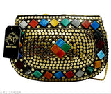 Golden metallic womens clutch, vibrant mosaic design, 2 card slots