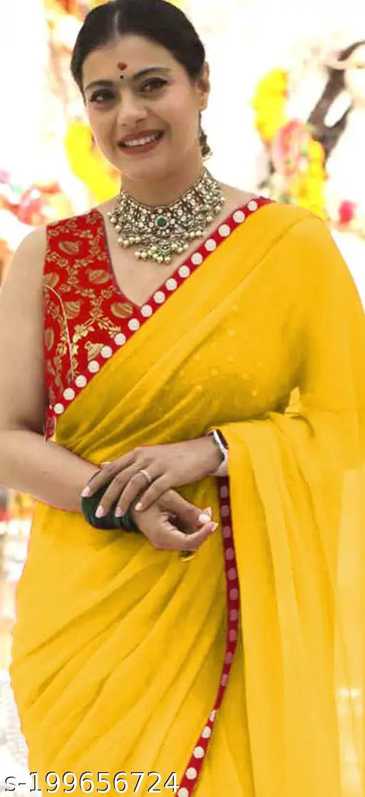 Red mirror border chiffon saree with free size, Indian-origin, unstitched Banarasi brocade blouse piece