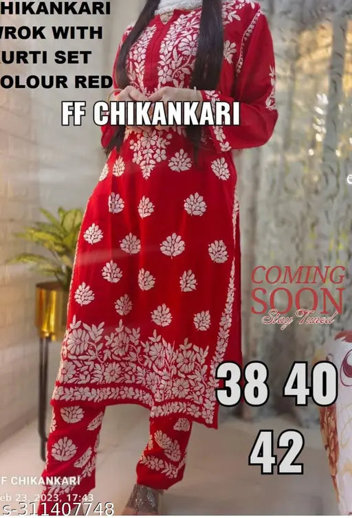 Rayon fabric embroidered kurta plazzo set with pants, full embroidery work, three-quarter sleeves