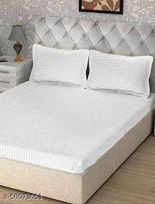 AKIN 220 TC Glace Cotton Satin Solid Stripes/Lining Combo of 2 Plain Bedsheet for Double Bed King Size with 4 Pillow Covers for Home-Hotels-Guest House(228X254 C.M,White and Grey)