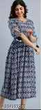 Indigo Illusion Blue Printed Rayon Gown, short sleeves, ankle-length for women - elegant and versatile, perfect for parties or casual outings. Available in various colors and sizes
