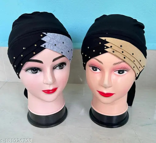 Black, yellow, and gold hijab cap with cotton underscarf, designed to tie around a head