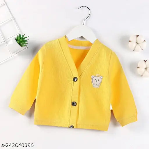MOMISY yellow cotton blend baby cardigan, front open V neck, long sleeves, vibrant colors, suitable for boys and girls aged 6-12 months to 3-4 years