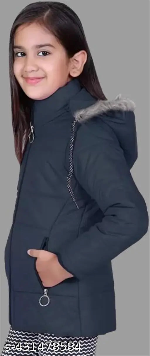 Black zip closure winter coat for young girls trendy style