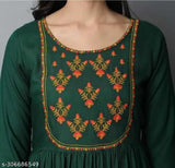 Green rayon cotton kurti, embroidered three-quarter sleeve women's top from India