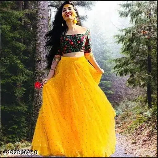 Embroidered semi-stitched pink lehenga choli for women on mannequin, satin top and net dupatta with intricate embroidery