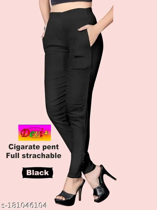 Black high-waist pants with zip closure. Pent trousers leggings jeans pack of 2