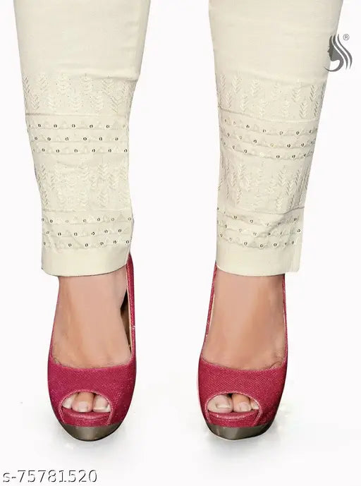 Embroidered net stretchable jeans leggings in cotton lycra for women and girls, India-made pants in various sizes (28-38 waist/38 length)