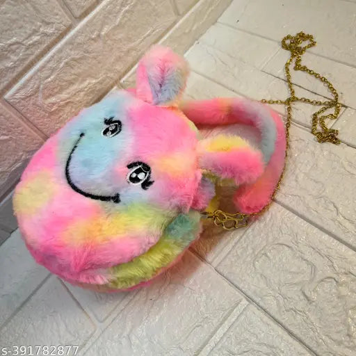 Colorful stuffed animal resembling a smiling face, attached to a mini sling bag for girls or kids