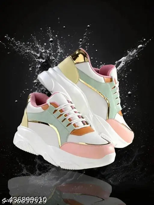 Multi color stylish EVA sole shoe for women, synthetic leather upper with airmix sole and lace-up fastening, showcasing various foot length sizes from IND-3 to IND-8 or 4 to 8 (India)