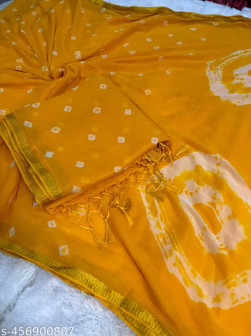 Chiffon Bandhani hand-dyed saree, printed pattern on soft chiffon fabric, free size with tassels, India origin