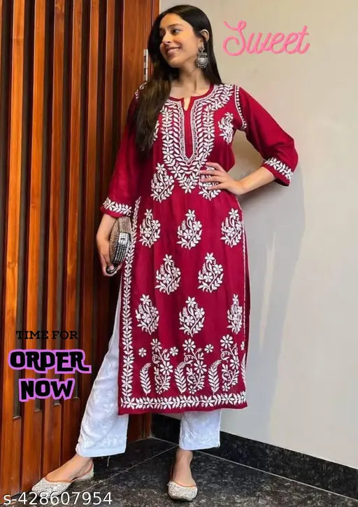 Rayon modal kurta set with embroidered net chikankari work, three-quarter sleeve, includes pants - Indian rayon fabric