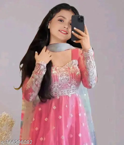 Silk embroidered kurta and dupatta set for festive parties, suitable for girls aged 7-14 years