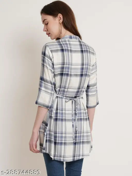 Off-white and blue rayon checkered tunic for women, three-quarter sleeves, pleats detailing, attached side belts, raised mandarin collar